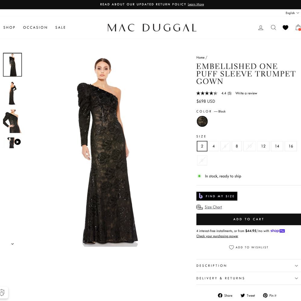 NWT $698 Mac Duggal [ 10 ] Embellished One‎ Puff Sleeve Trumpet Gown Black G1646 - Picture 3 of 16